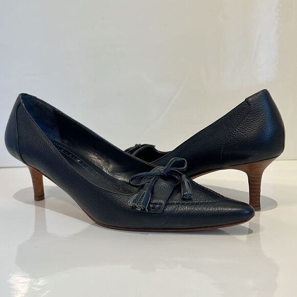 Brooks Brothers Navy Blue Pebbled Leather Kitten Heel Shoes Size 9 - Picture 1 of 12
